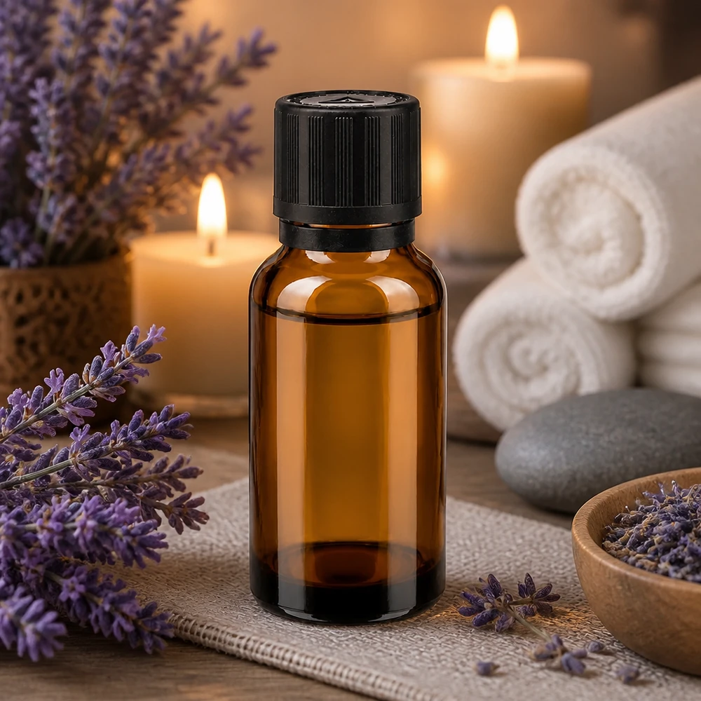 Apotfl. brun 20ml dryp v. Pr. 1mm s. KiSi Bliw OV Aromaflaske i brunt glas, 20 ml, med sort sikkerhedslåg og lavendel-dekoration