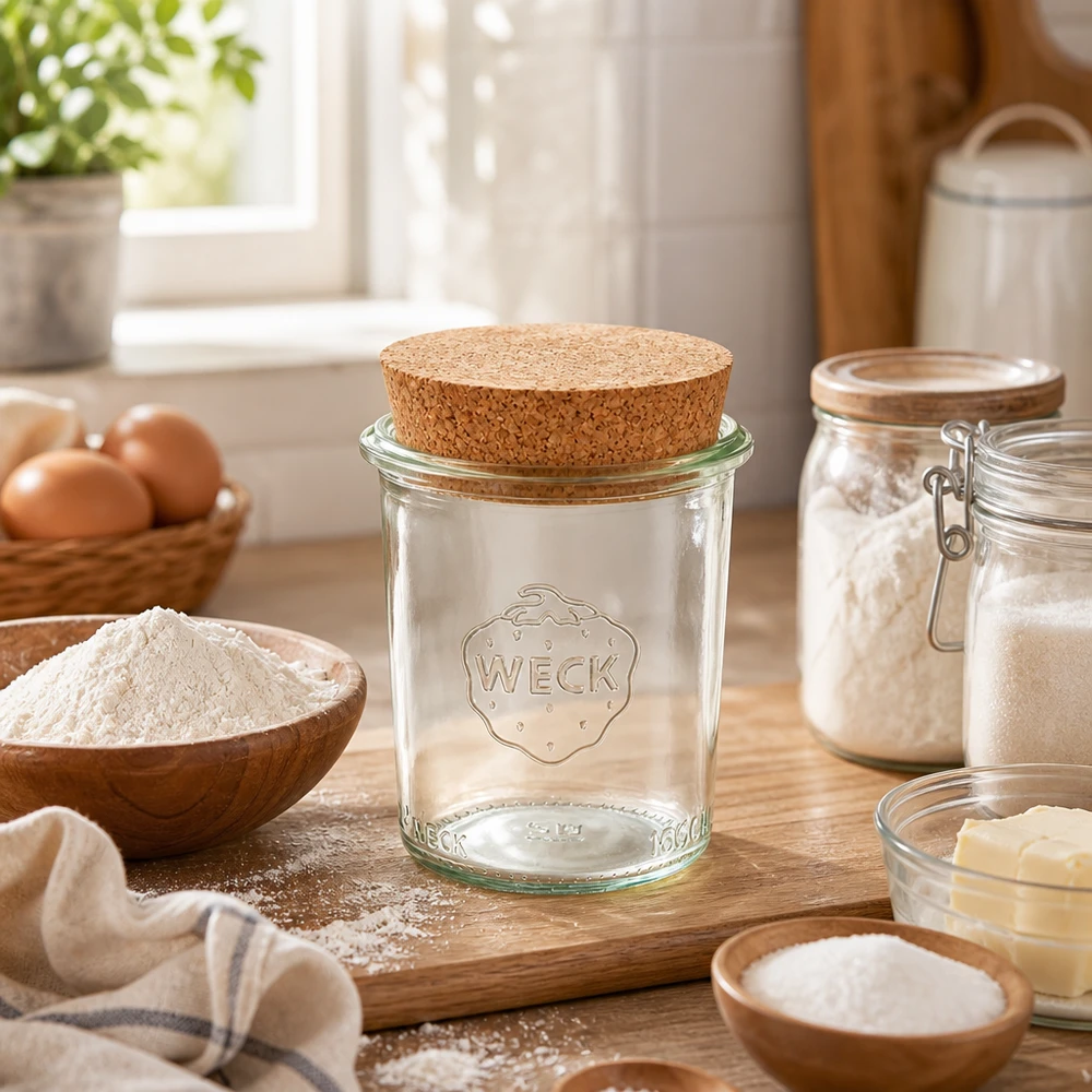 160 ml Briller WECK RR60 med kork natur WECK 160 ml RR60 murerbalje med kork på en træplade i et varmt køkken omgivet af bageingredienser, mel og æg