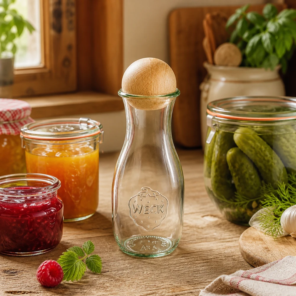 530 ml juiceflaske WECK RR60 med trækugle bøg WECK juiceflaske 530 ml med træprop i rustikt køkken ved siden af syltetøjsglas med marmelade og pickles