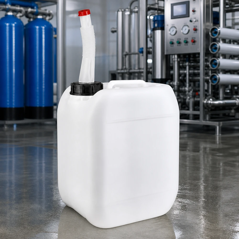 5 liters beholder med Flex-udløbsrør Bærbar 5-liters plastbeholder med bøjeligt påfyldningsrør og rødt låg i et industrielt miljø