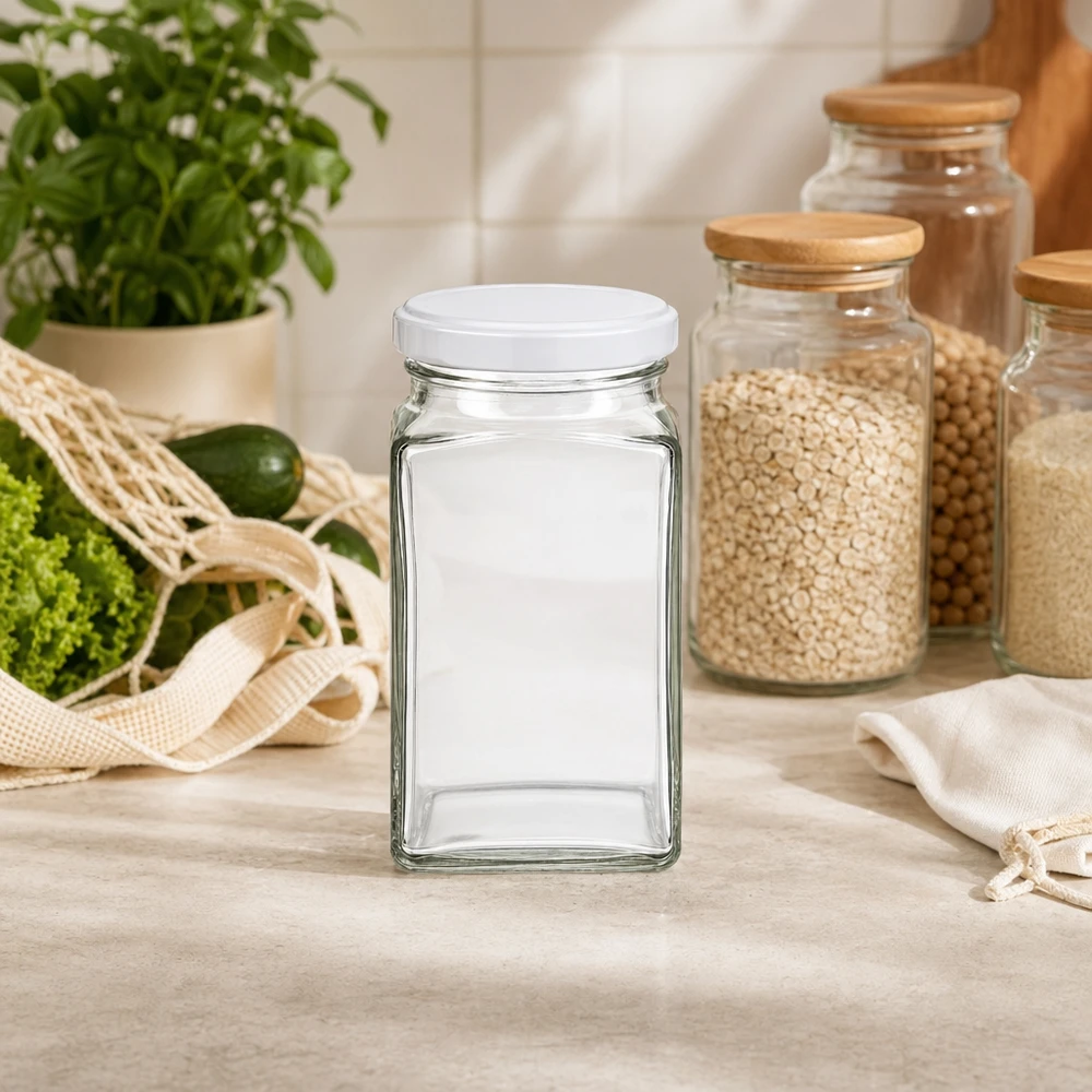 260 ml tetra-krukke med BasicSeal-låg hvid UNiTWIST 260ml Tetraglas leer mit weißem Deckel in moderner Küche neben Vorratsgläsern mit Getreide nachhaltige Aufbewahrung