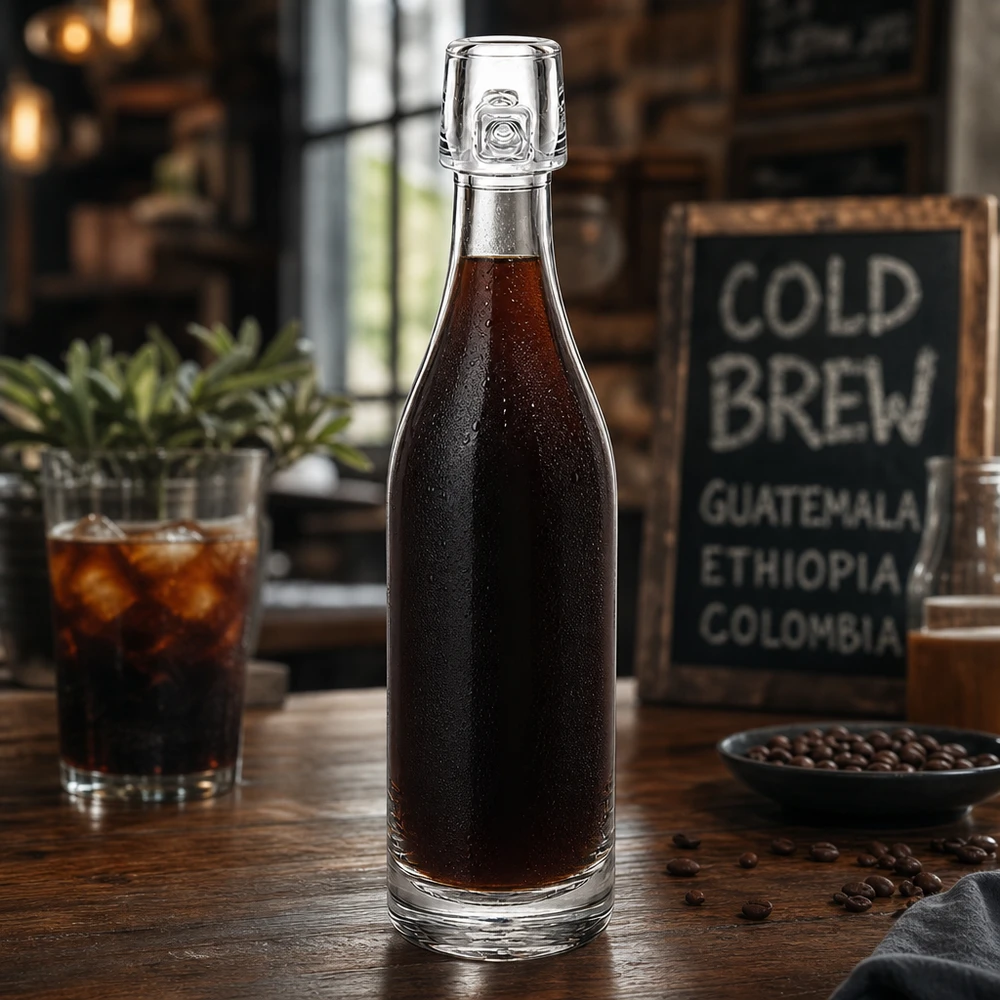 50 ml glasflaske uden skruelåg UNiTWIST 50 ml glasflaske UNiTWIST fyldt med koldbrygget kaffe på et træbord med kaffebønner og glas