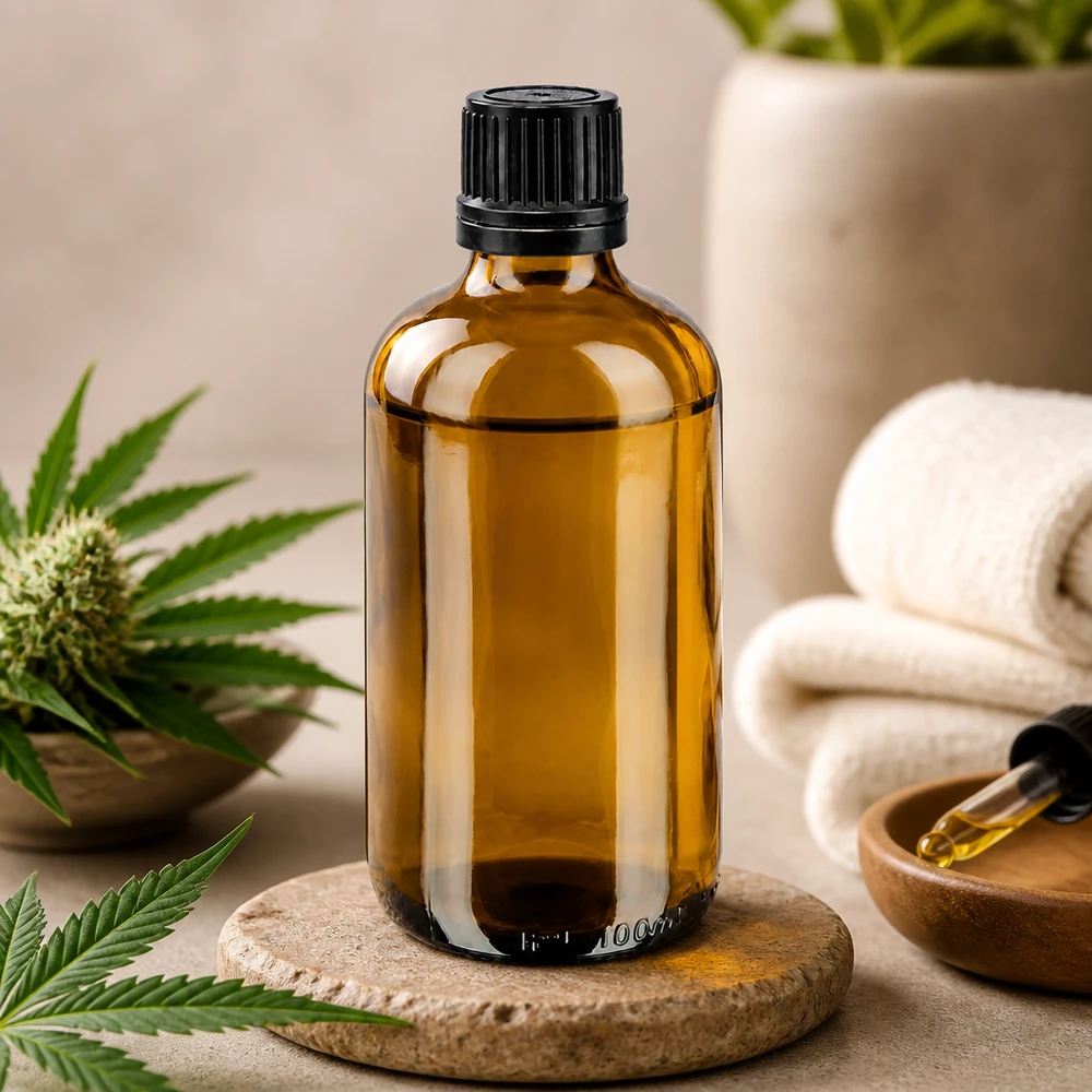 Apoteksflaske brun 100ml dryp v. Pr 1mm sort OV 100 ml dråbeflaske af brunt glas med sort OV-lukning ved siden af en cannabis-CBD-plante