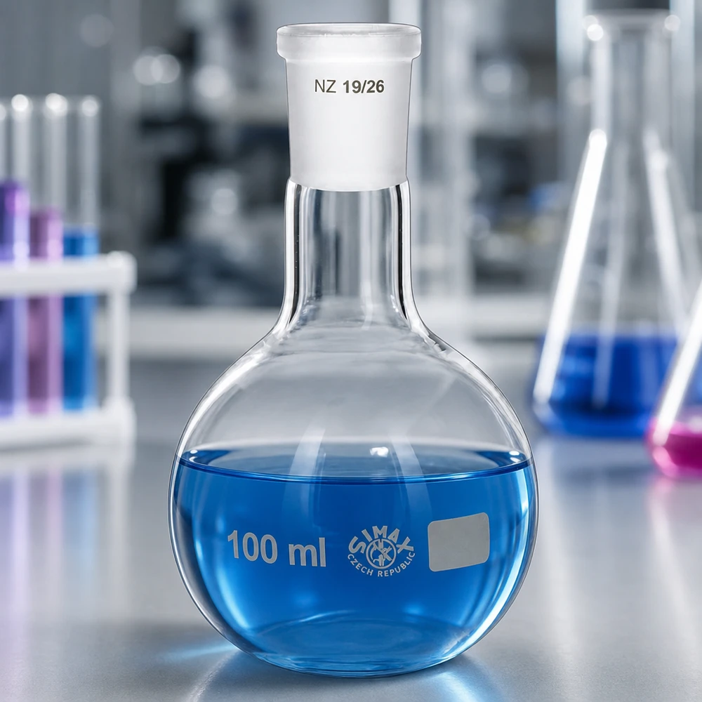 100 ml kolbe med standard slebet led (19/26) Laboratoriekolbe 100 ml med blå væske - borosilikatglas med standardiseret 19/26-slebet samling