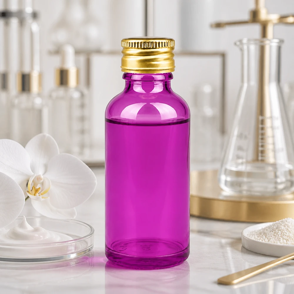 50 ml flaske 11 mm skruelåg aluminium guld standard PurpleLine. UT18/50 Kompakt 50 ml violet glasflaske med STD-gevind og premium aluminiumshætte til små produktmængder