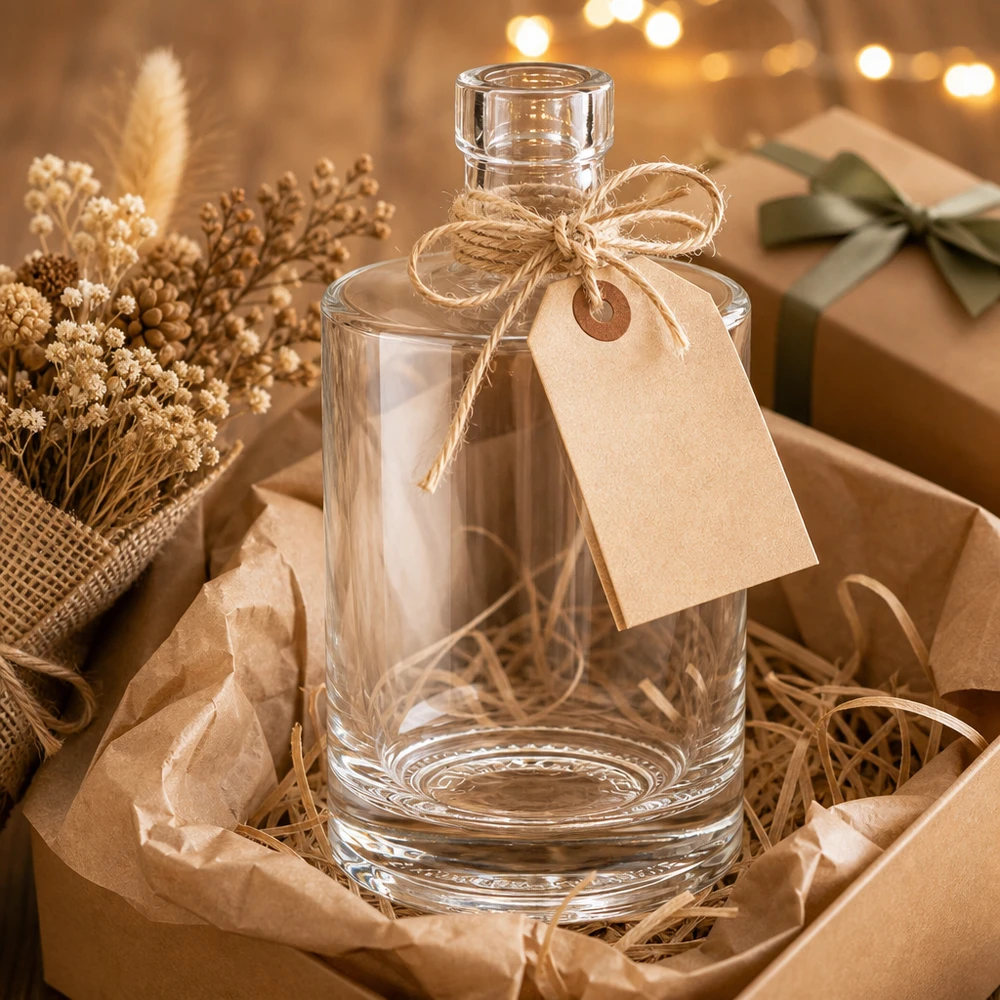 500 ml glasflaske »Marie« uden låg UNiTWIST® 500 ml glasflaske Marie som gaveidé med kraftpapir-tag og jutesnor i rustik indpakning