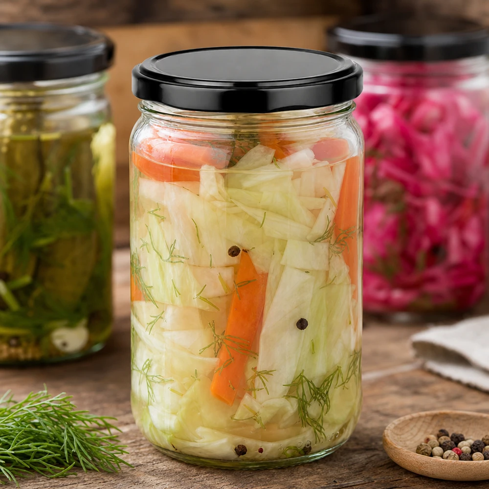 305 ml rund krukke med BasicSeal-låg sort UNiTWIST 305ml Rundglas UNiTWIST mit schwarzem Deckel für eingelegtes Gemüse mit Dill und Gewürzen auf Holztisch