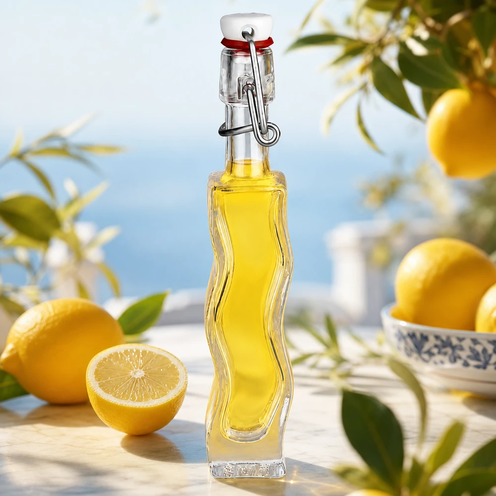 40 ml Glasflaske »Fila« med PVC-skruelåg UNiTWIST® 40ml Glasflasche Anna mit gelber Zitronenessenz auf weißer Marmorplatte mit frischen Zitronen und Kräutern im Mediterran