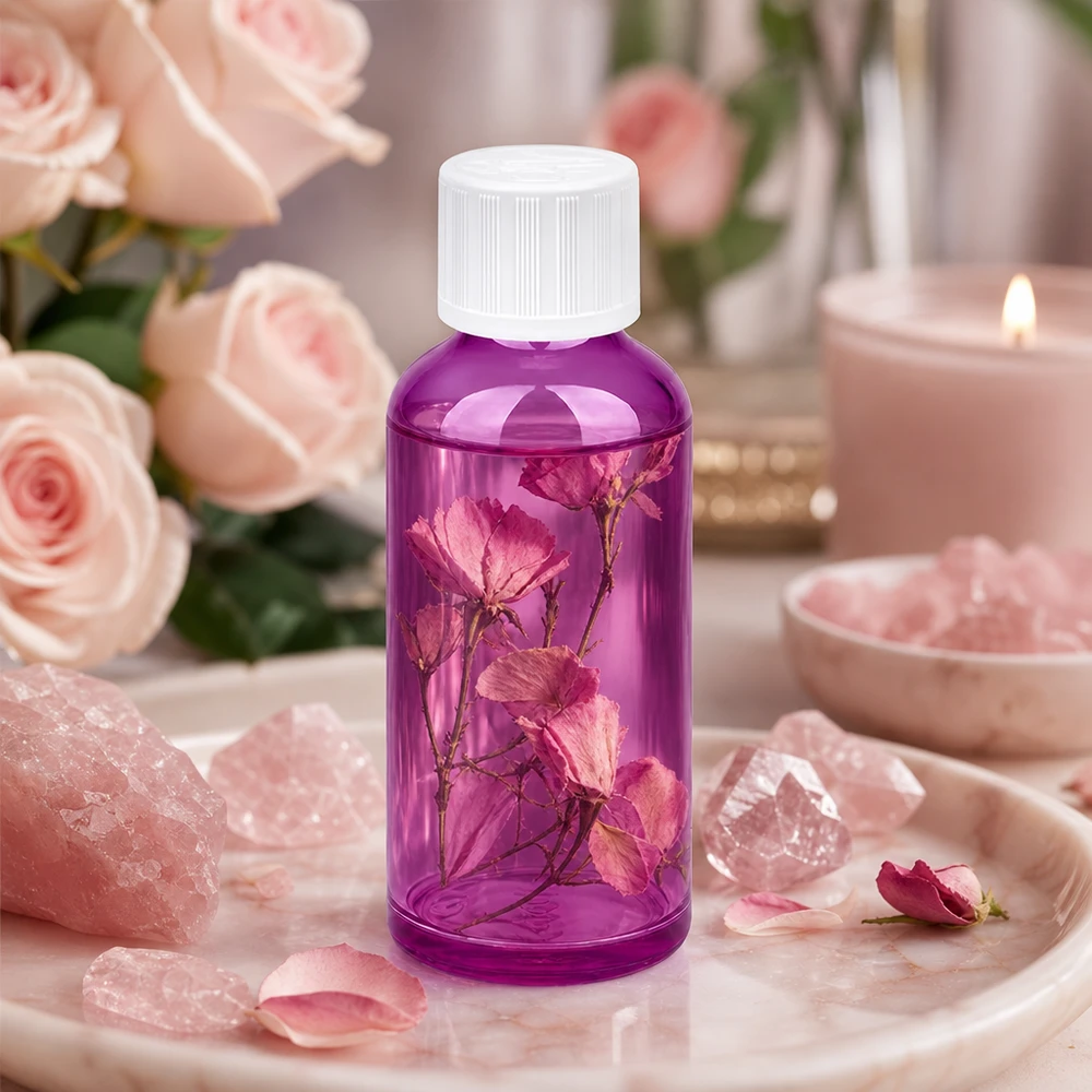 50 ml flaske 11 mm skruelåg hvid standard børnesikret PurpleLine UT18/50 50 ml apoteksflaske lilla transparent med børnesikret hætte til sikker opbevaring