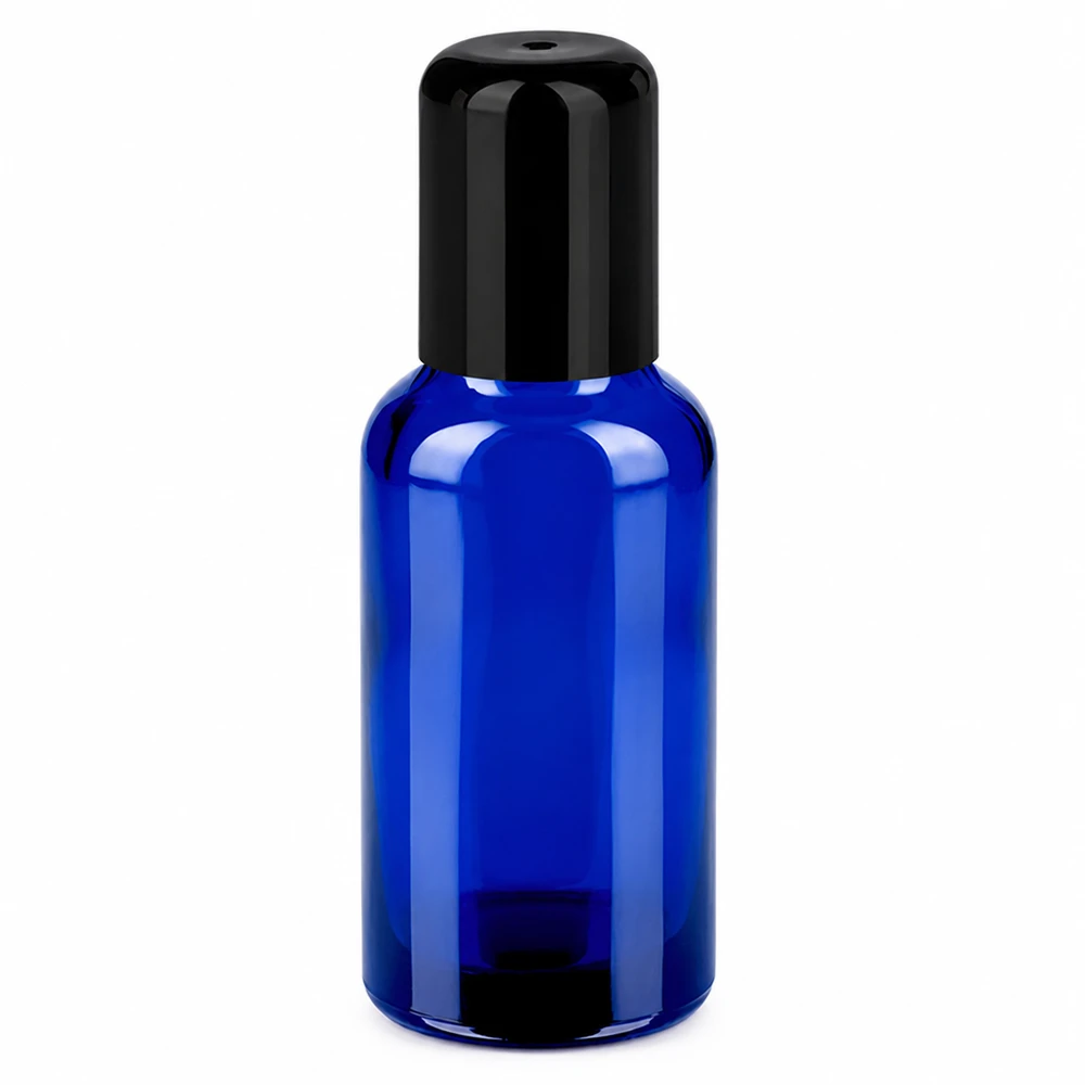 30 ml roll-on-flaske i blå med sort hætte til kosmetiske anvendelser