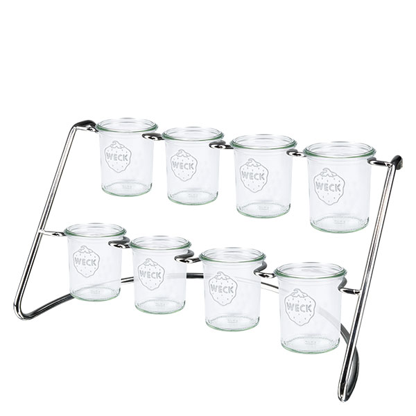 Flato8-serveringsstativ til 8 WECK-glas WECK serveringsstativ Flato8 med 8 ophængte glas i to niveauer på en ramme af rustfrit stål