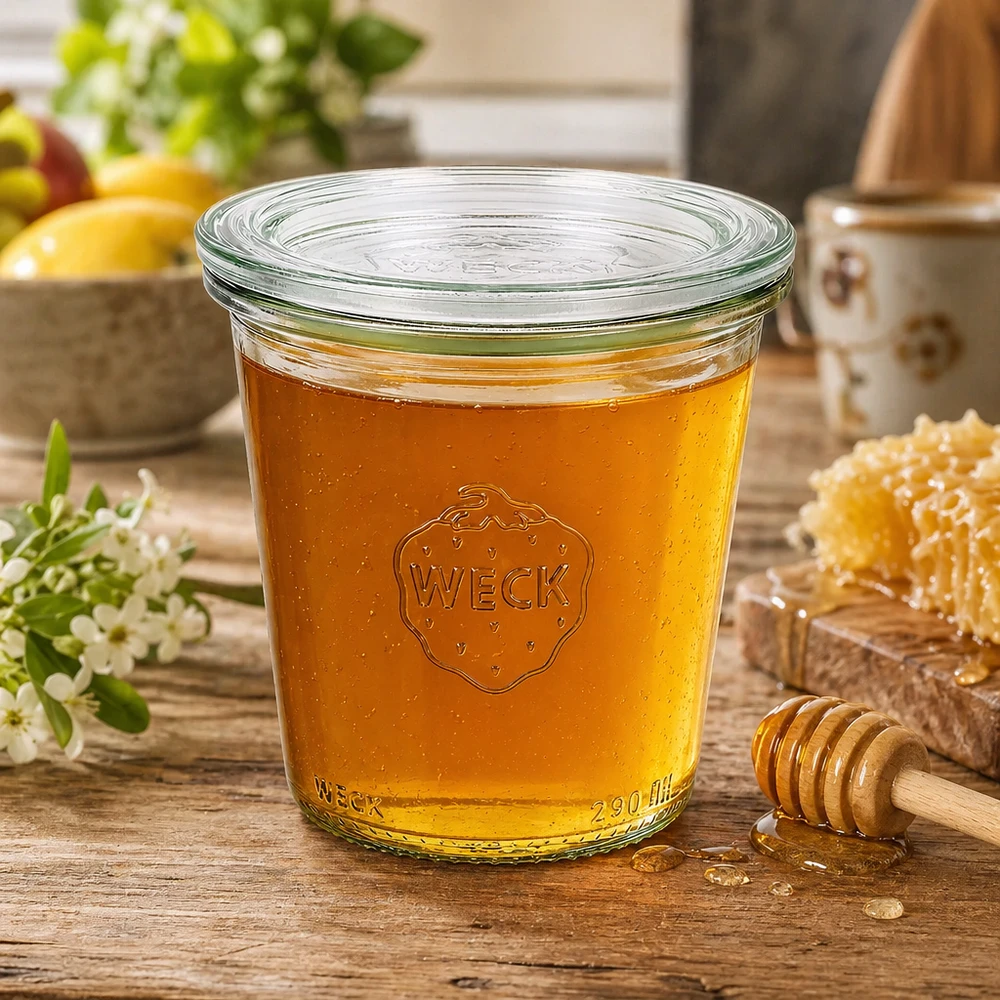 290 ml høje Briller med glaslåg WECK RR80 WECK glas 290 ml RR80 fyldt med gylden honning og honningske som et eksempel på brug i en rustik atmosfære