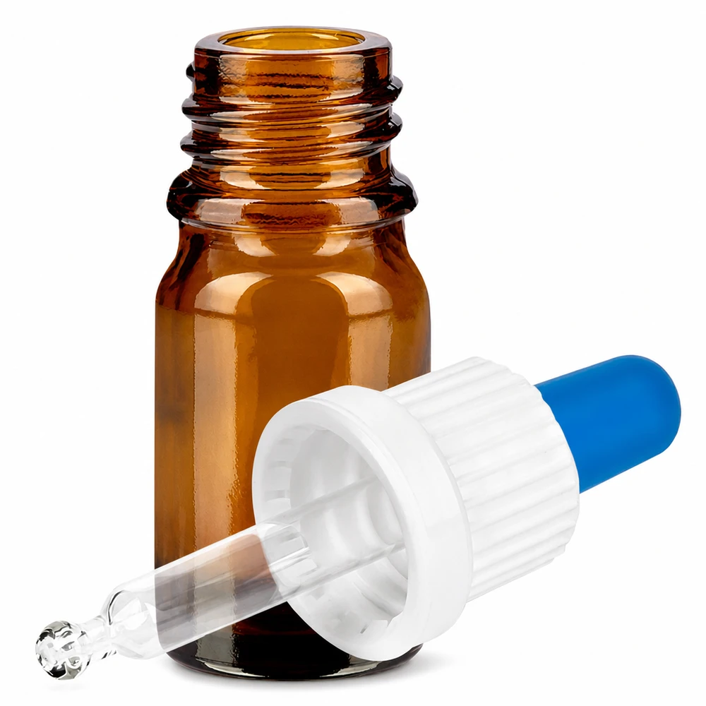 5 ml pipetteflaske hvid/blå OV BrownLine UT18/5 Brun glaspipetteflaske 5 ml med dråbetæller OV BrownLine UT18/5 til kosmetik og aromaterapi