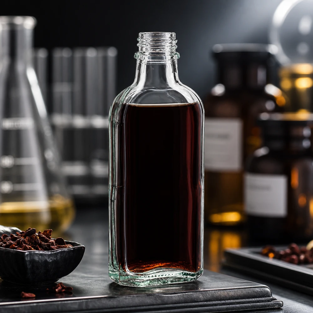 Brun væske i en 100 ml Meplat-flaske med gennemsigtigt glas og DIN22-lukning i laboratoriemiljøet
