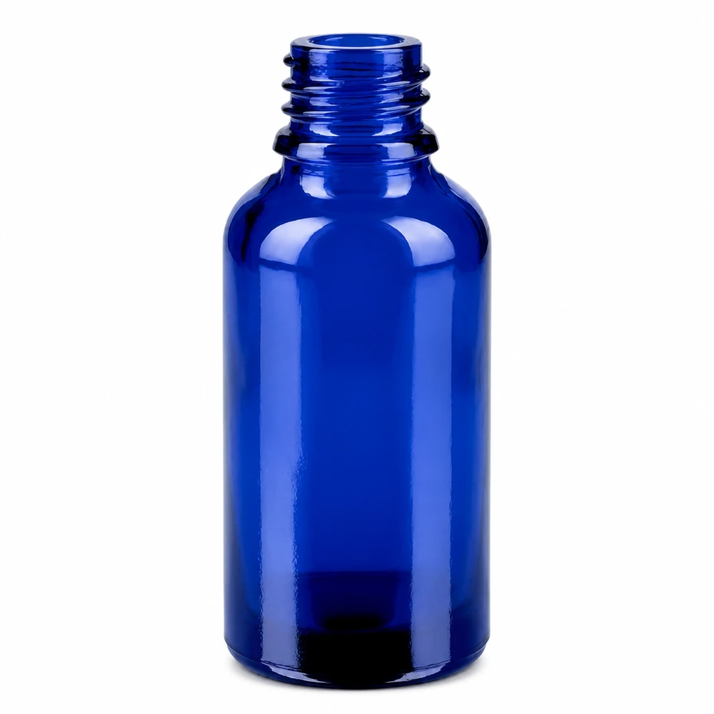 Blå glasflaske 30 ml med skruegevind til dråbehætte og præcis dosering