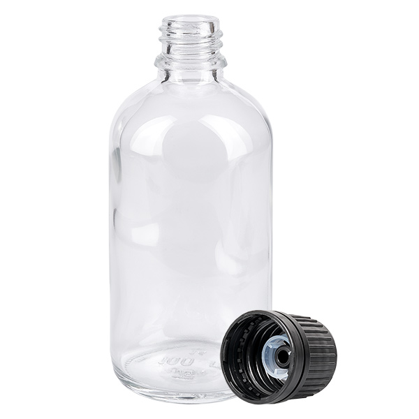 100ml (kugle)Flas. 8mm GR s. STD ClearL. UT18/100 Tom 100 ml apotekerflaske af klart glas med 18 mm gevind og sort dråbeflaske