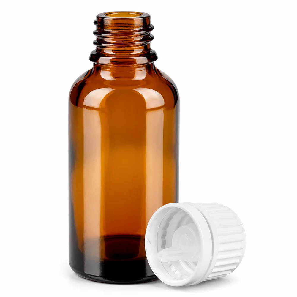 30 ml Dropperflaske 0,7 mm hvid OV BrownLine UT18/30 30 ml dråbeflaske af UV-beskyttende ravfarvet glas med børnesikret hætte til æteriske olier