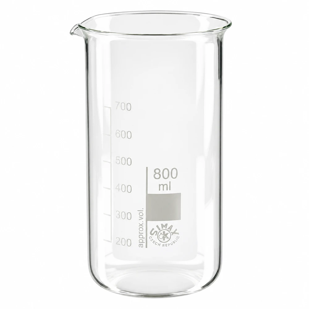 Bægerglas 800 ml borosilikatglas, høj form Becherglas, 800 ml, høj model, af borosilikatglas med milliliterskala fra SIMAX Czech Republic
