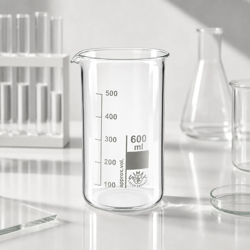 Bægerglas 600 ml borosilikatglas, høj form Tomt bæger på 600 ml, højt design, fremstillet af klart borosilikatglas med millimeterskala til brug i laboratoriemiljøet