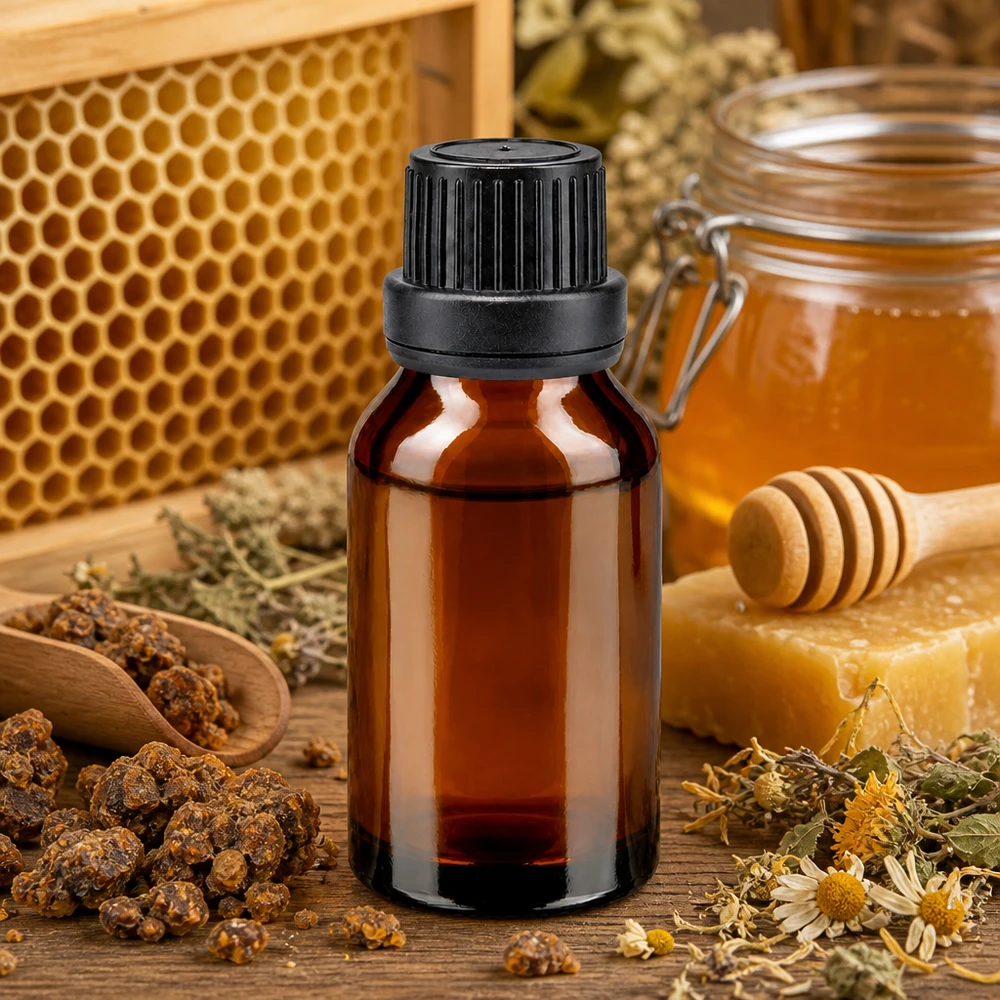 Brun 15 ml glasflaske med dråbeforsegling til honning, bivoks og propolis til naturprodukter