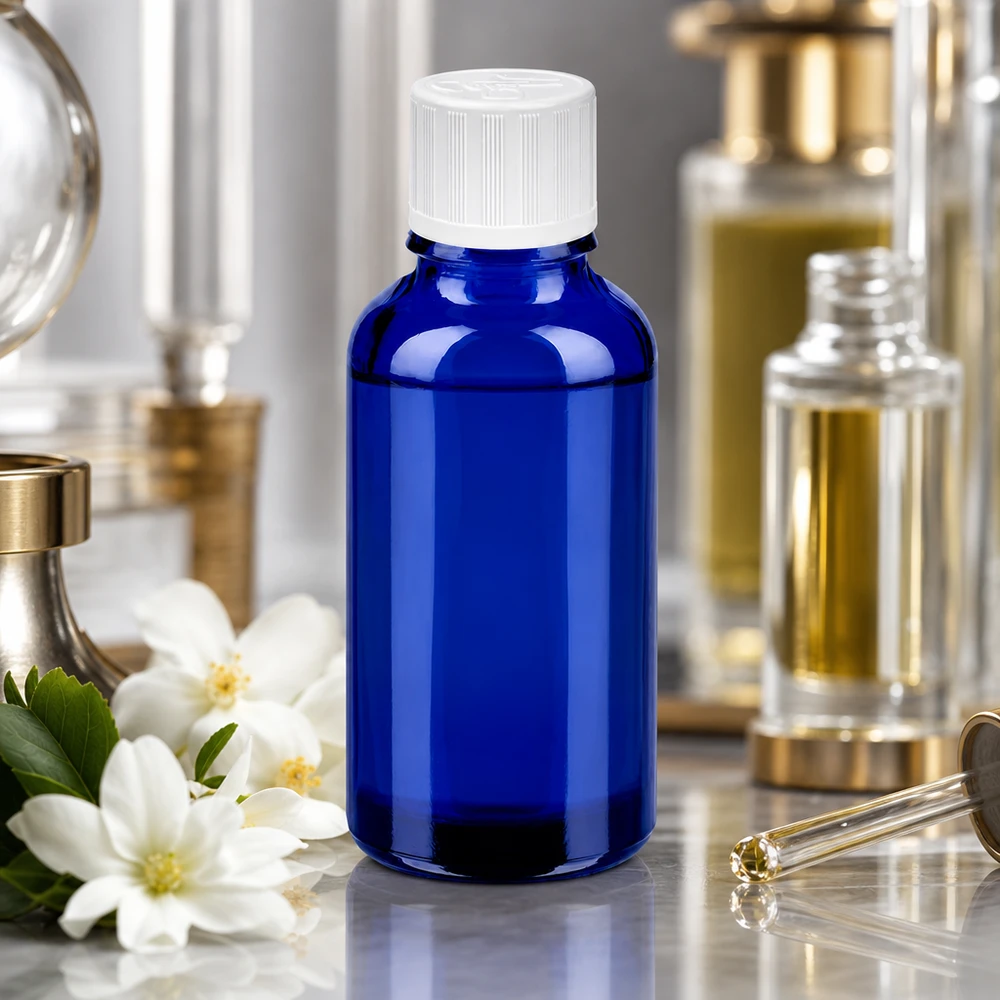 Elegant 30 ml flaske i lyseblå med hvid hætte til professionelle kosmetiske anvendelser