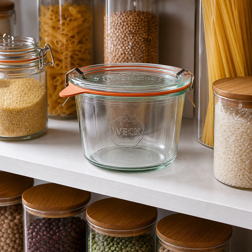 WECK 370 ml RR100 opbevaringsglas står tomt i et organiseret spisekammer ved siden af fyldte glas med pasta og bælgfrugter