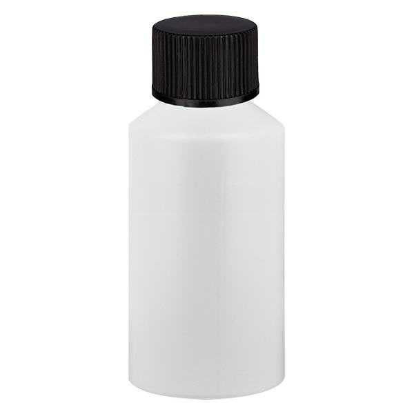 Apoteksflaske HDPE 50ml hvid, med sort SV Apoteksflaske HDPE 50ml hvid, med sort SV