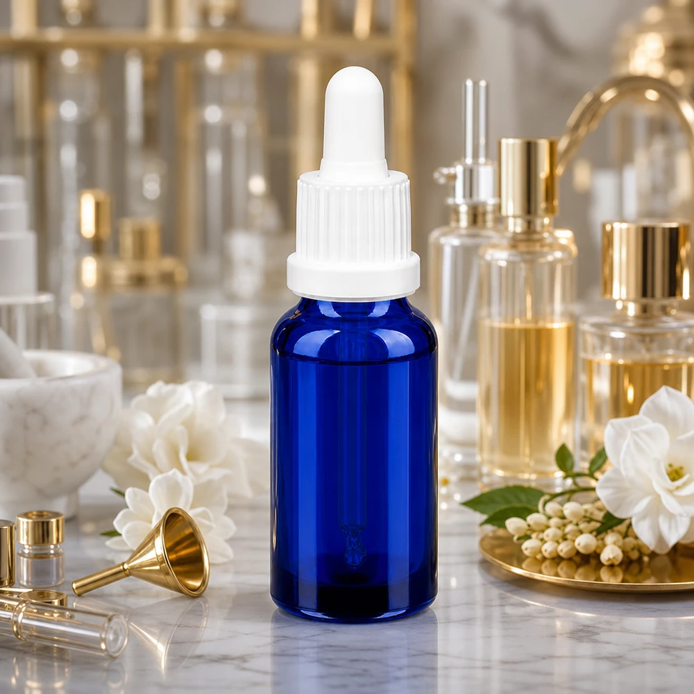 20 ml glasflaske af høj kvalitet med dråbepipette i klassisk koboltblå til serum og tinkturer