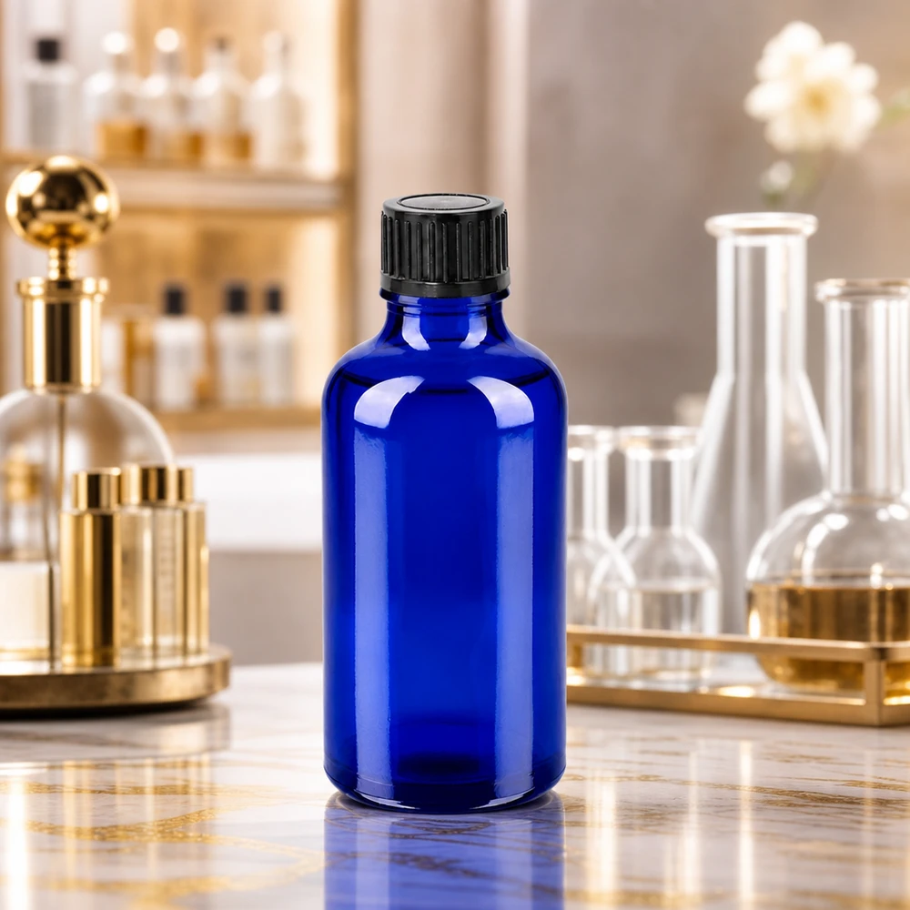 50 ml flaske 11 mm SV sort STD BlueLine UT18/50 Elegant 50 ml laboratorieflaske i intens koboltblå med UV-beskyttelse til lysfølsomme stoffer