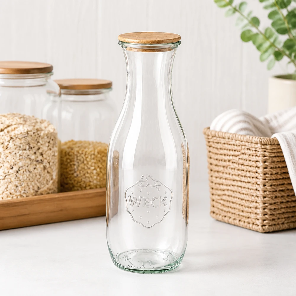 1062 ml juiceflaske WECK RR60 med trælåg WECK juiceflaske 1062ml RR60 tom med trælåg på køkkenbordet ved siden af kurvevarer og opbevaringsglas med morgenmadsprodukter