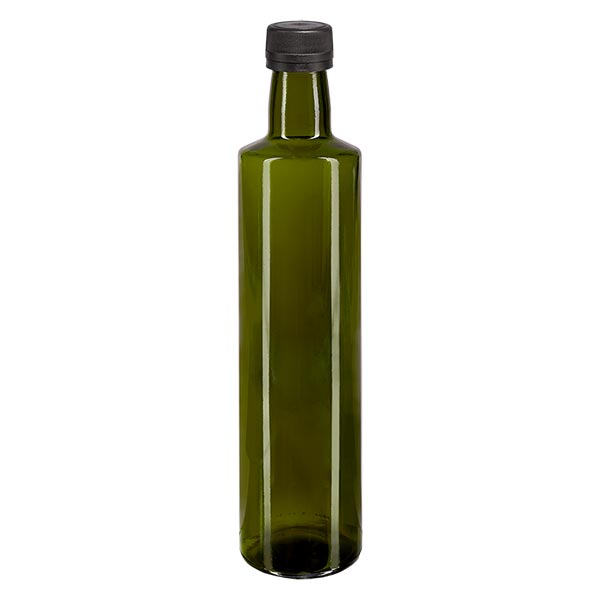 500 ml flaske med skruelåg, rund, olivengrøn med sort låg