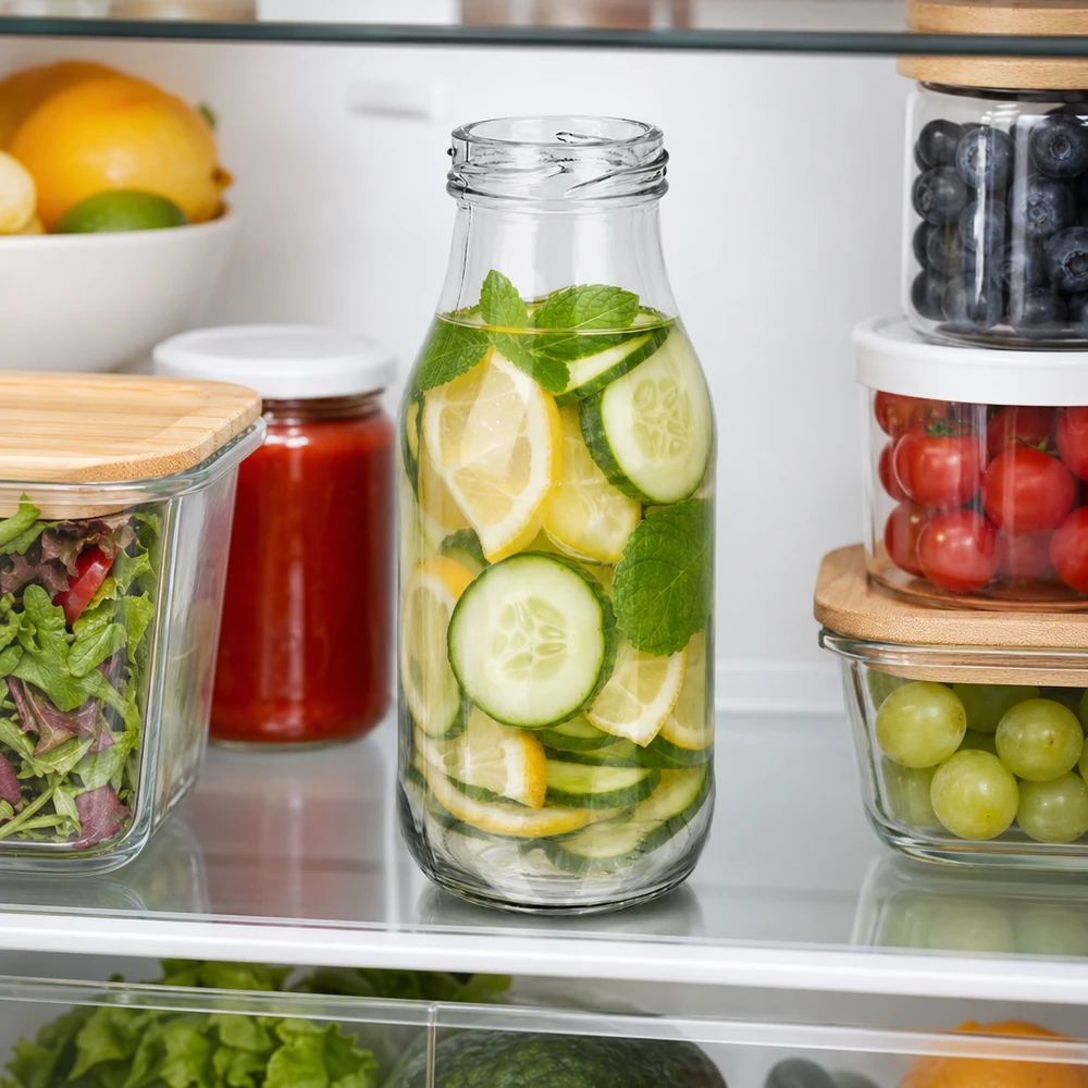 UNiTWIST Bottle263 - Flaske med kapacitet på 263 ml TO43 UNiTWIST Bottle263 Glasflaske 263 ml med agurke-, citron- og myntevand i køleskabet TO43-låg
