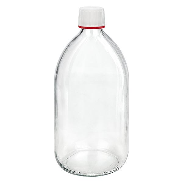 1000 ml medicinflaske klar, hvid hætte med tyverisikring i rød ApoGlas. Farmaceutisk kvalitet fra EU-produktion. 28 mm (PP28) gevind. (sirup, let glasflaske) 1000 ml medicinflaske klar, hvid hætte med tyverisikring i rød ApoGlas. Farmaceutisk kvalitet fra EU-produktion. 28 mm (PP28) gevind. (sirup, let glasflaske)