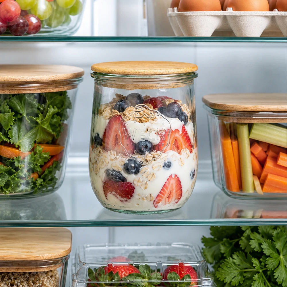 1062 ml tulipankrukke WECK RR100 med trælåg WECK tulipankrukke RR100 1062 ml med trælåg i køleskabet fyldt med yoghurt, bær og müsli som en sund måltidstilberedning