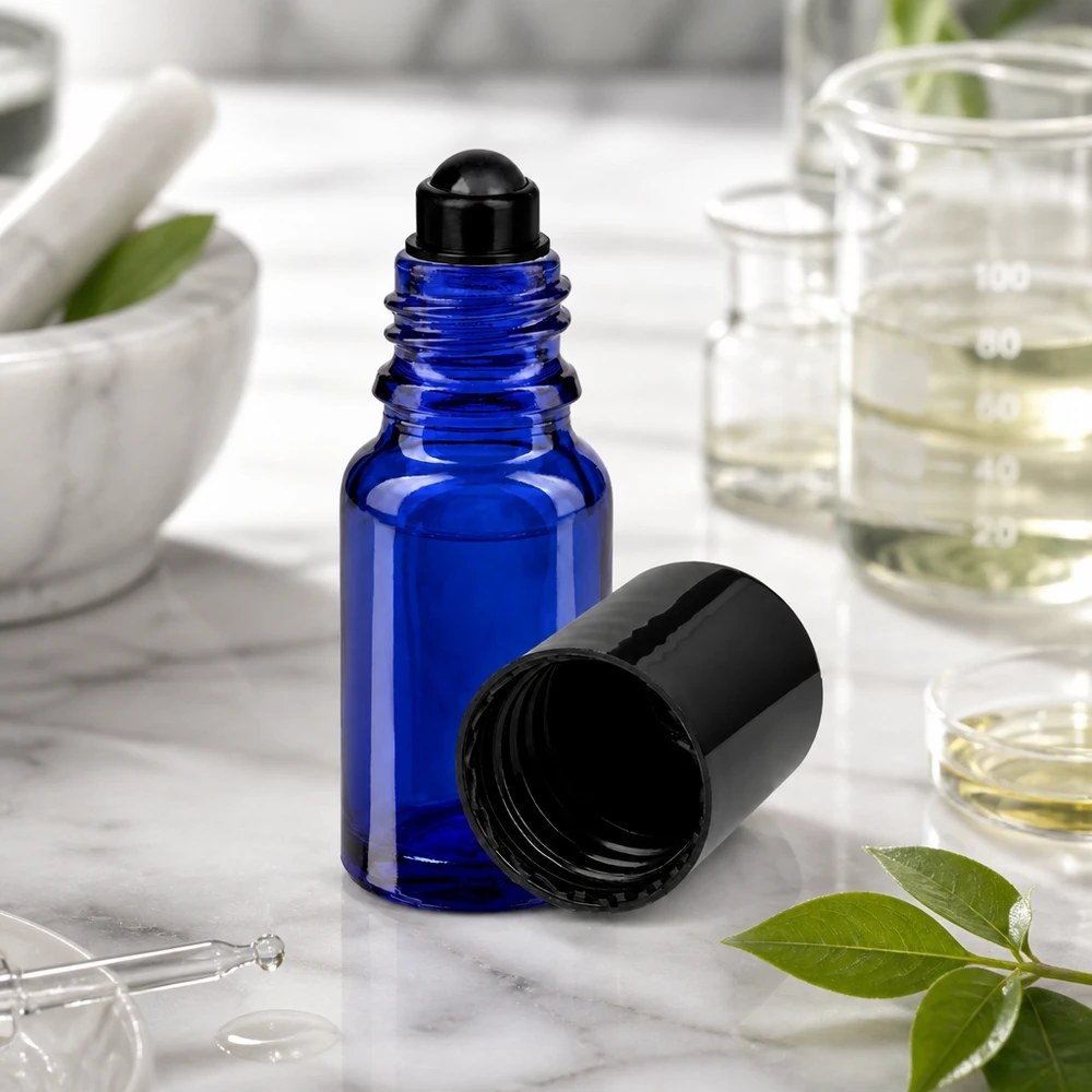 Apoteksflaske blå 10 ml roll-on-hætte sort En åben, blå 10 ml roll-on-flaske af ApoGlas med det sorte skruelåg fjernet, stående på marmor