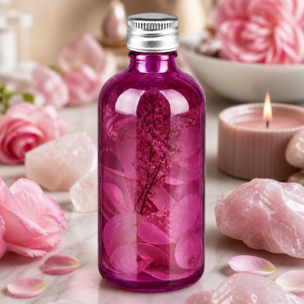 100 ml flaske. 11 mm skruelåg aluminium-sølv standard PurpleLine. UT18/100 Elegant 100 ml glasflaske med 11 mm gevind og mat aluminiumshætte i lyslilla.