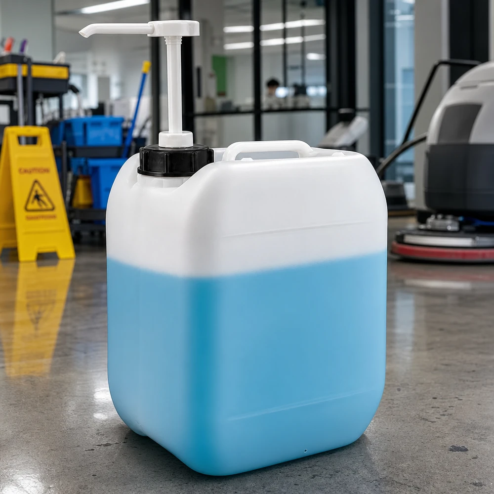 Beholder 5 liter med doseringspumpe Halbleerer-kanister på 5 liter med lyseblå rengøringsvæske og doseringspumpe i kontorbygningen