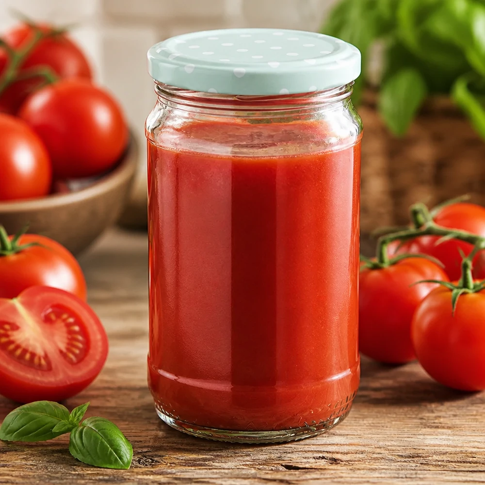 Hjemmelavet tomatsauce i et 370 ml UNiTWIST-glas med mintgrønt BasicSeal-låg med prikmønster