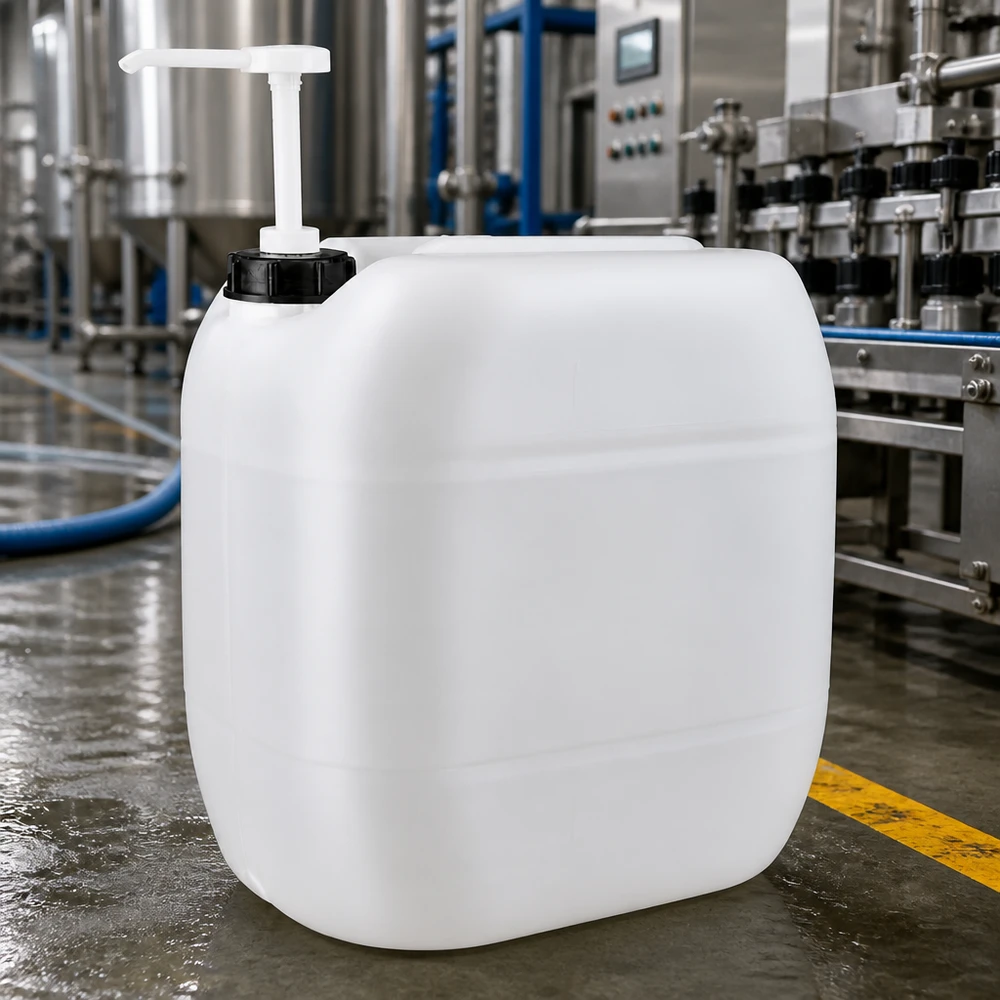 Stor hvid industrikanister på 30 liter med pumpedispenser i produktionshallen