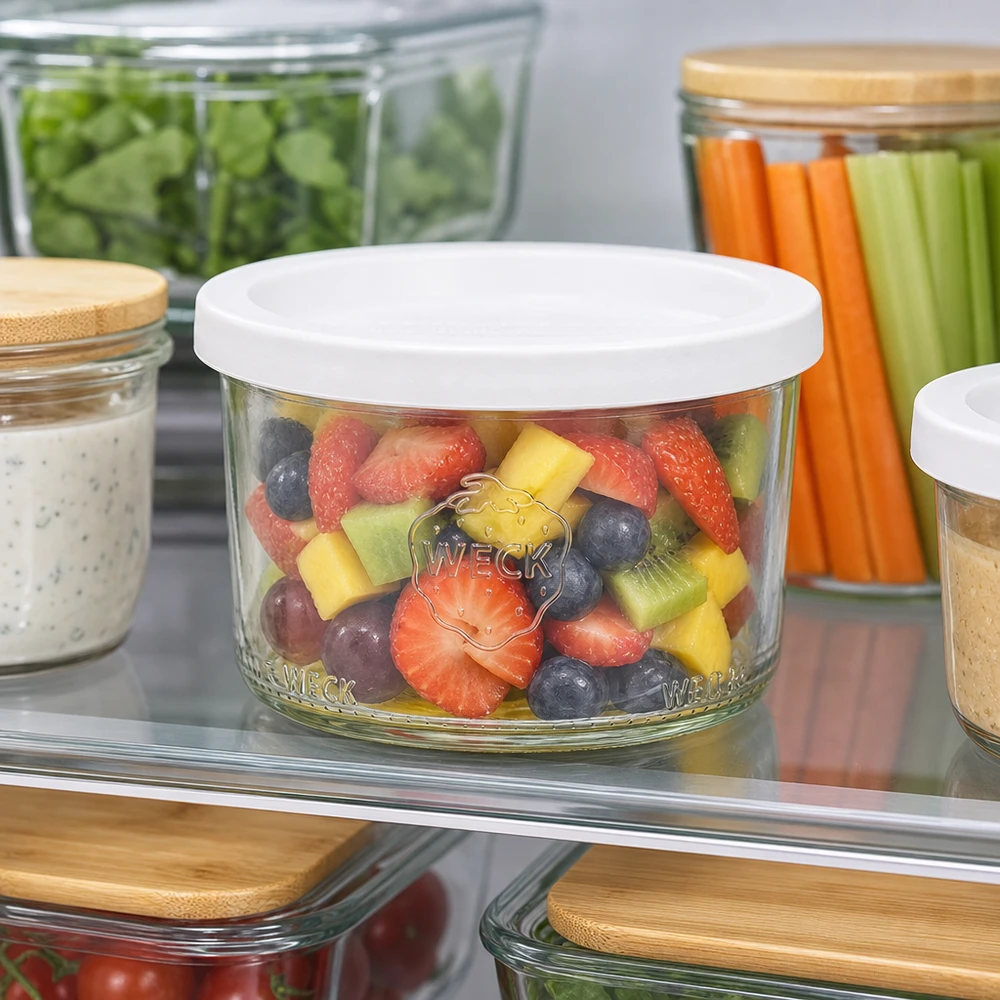 200 ml Briller med friskhedslåg WECK RR80 WECK-bægre 200 ml RR80 med frugtsalat opbevares i køleskabet til forberedelse af måltider og sunde snacks