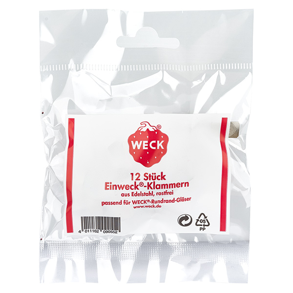Klemmer Original WECK (Pakke(r) med 12 stk.)Bemærk: 12 stk. pr. pose WECK konserveringsklemmer 12 stk. i rustfrit stål til krukker med rund kant Original produktemballage
