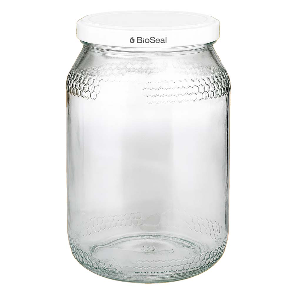 1260 g honningglas med hvidt BioSeal UNiTWIST-låg 900 ml honningkrukke med hvidt BioSeal-låg UNiTWIST tom glaskrukke til honning med honeycomb-mønster