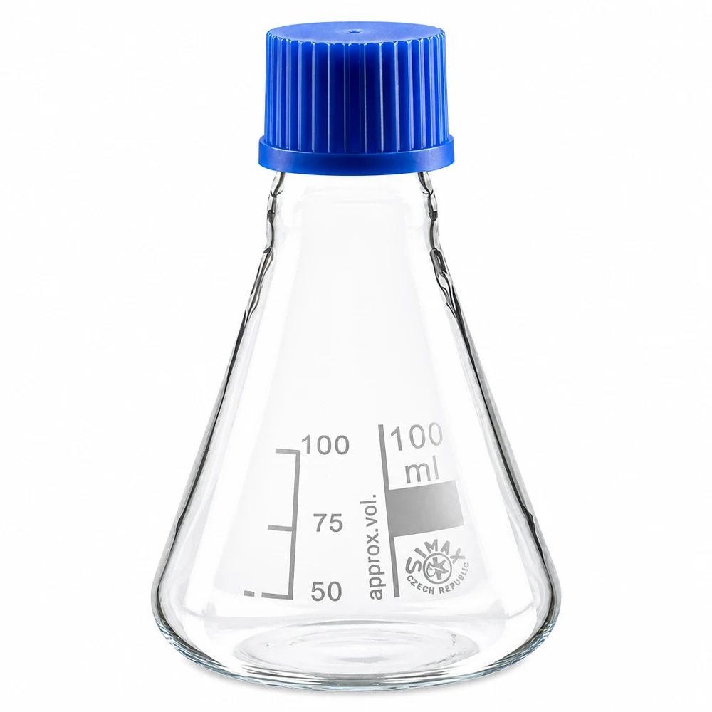 Erlenmeyer-kolbe 100 ml med skruelåg Konisk Erlenmeyer-kolbe 100 ml med praktisk blåt skruelåg i plast
