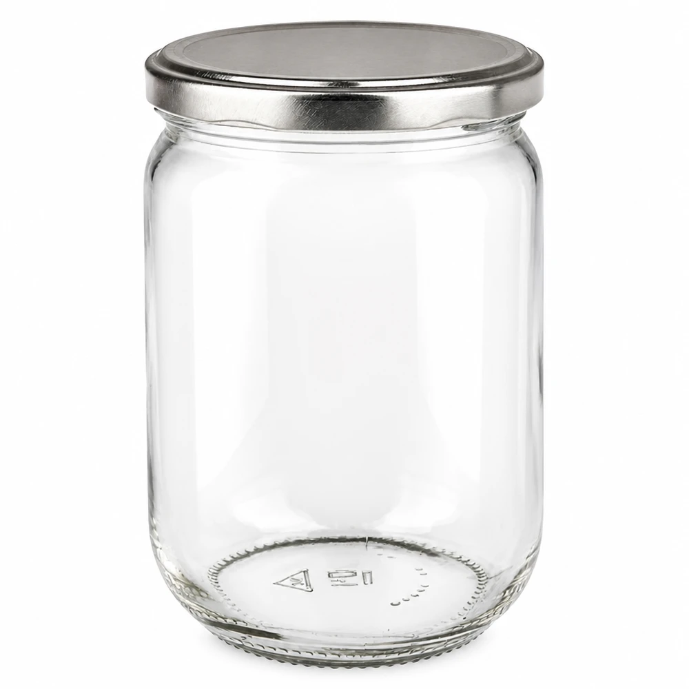 555 ml rundt glas med sølvfarvet BasicSeal-låg, tomt og gennemsigtigt set forfra