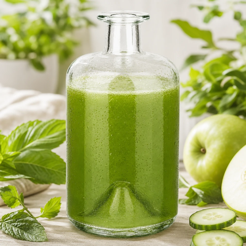 500 ml glasflaske Sofia fyldt med grøn smoothie agurk æble mynte detoxdrik apotekerflaske køkken