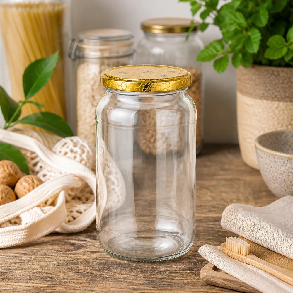 1062 ml rund krukke + BasicSeal-låg honeycomb UNiTWIST 1062ml rundt glas tomt på træbord med bæredygtige køkkenredskaber bambustandbørster jutepose zero-waste livsstil