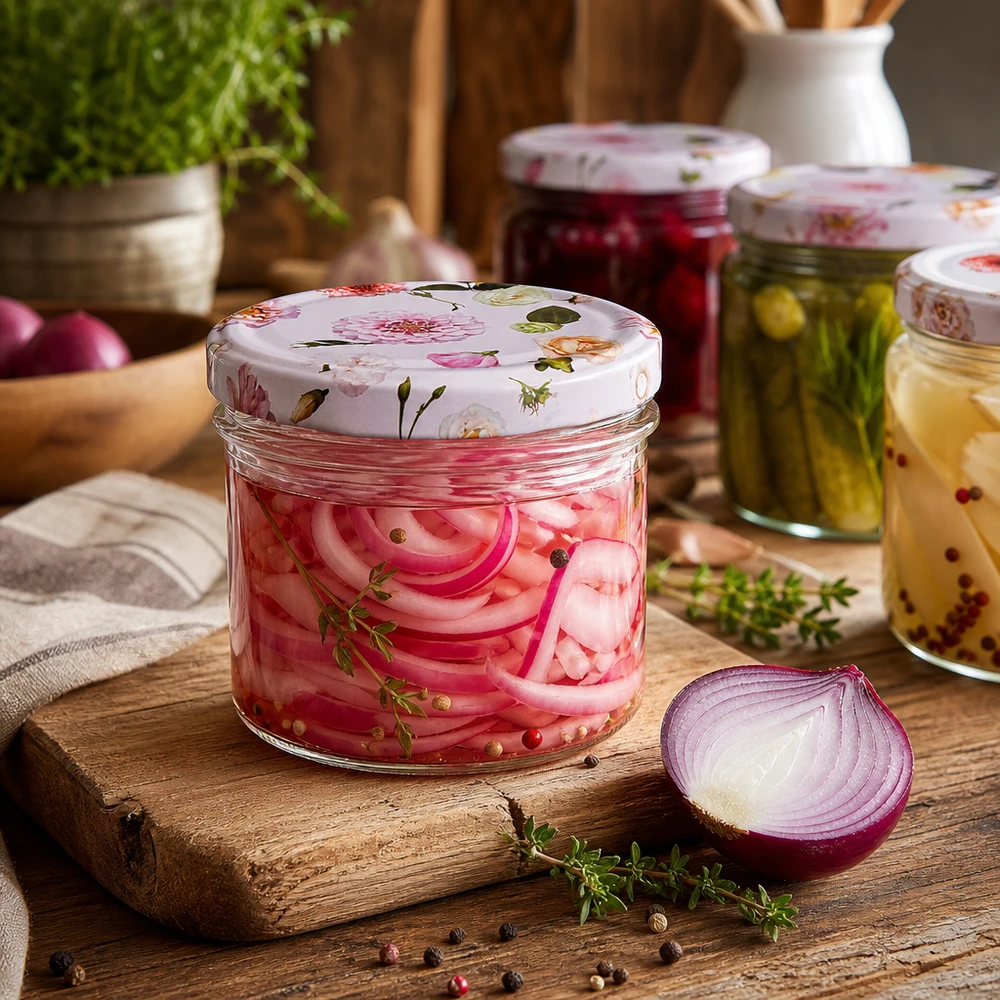 225 ml væltet glas + BasicSeal låg Blume rosa UNiTWIST Syltede rødløg i 225 ml glas med lyserøde blomster BasicSeal-låg - fermentering og konservering af grøntsager