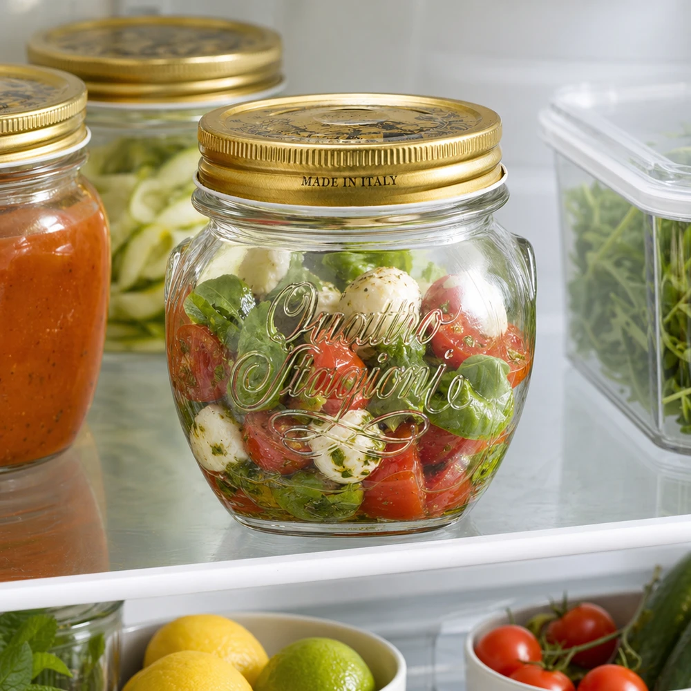 300 ml rundt glas "Quattro Stagioni" med låg 300 ml rund krukke Quattro Stagioni med gyldent låg fyldt med Caprese-salat i køleskabet Made in Italy