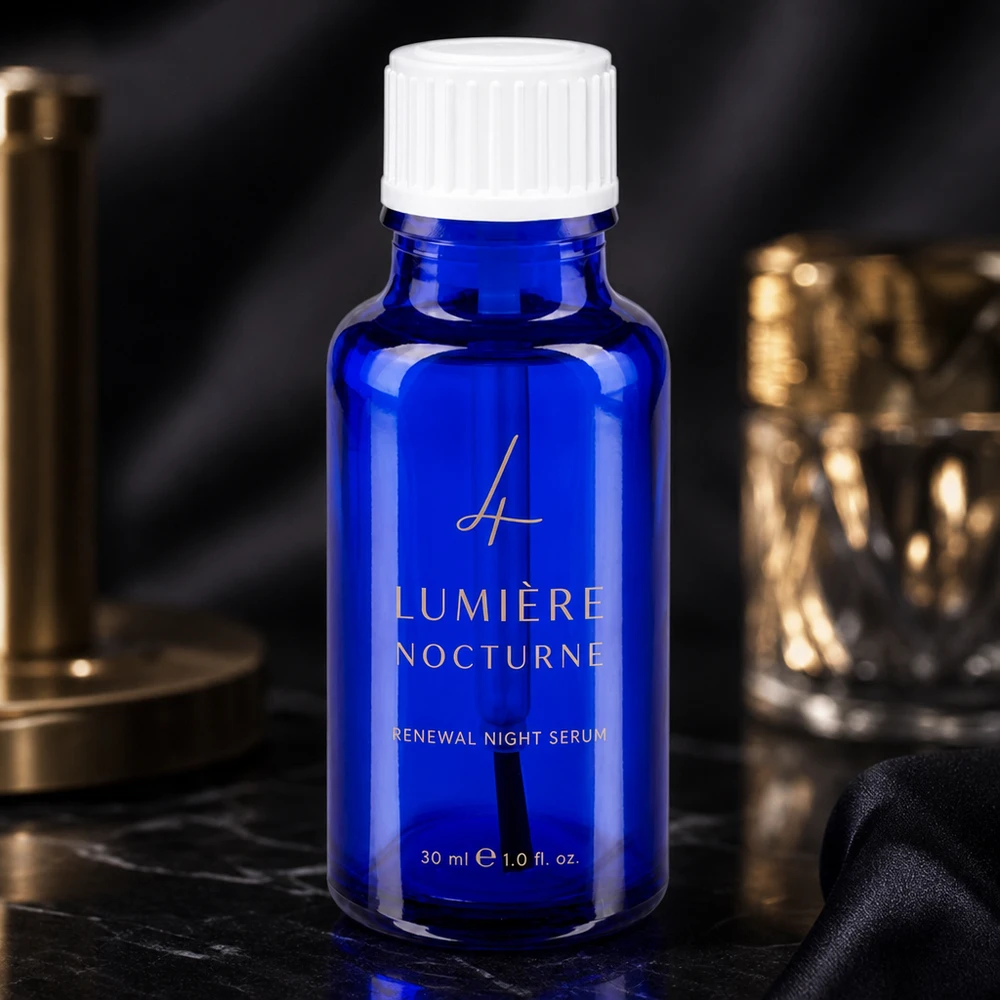 Blå apotekerflaske, 20 ml, koboltglas med hvid skruelåg på sort marmor