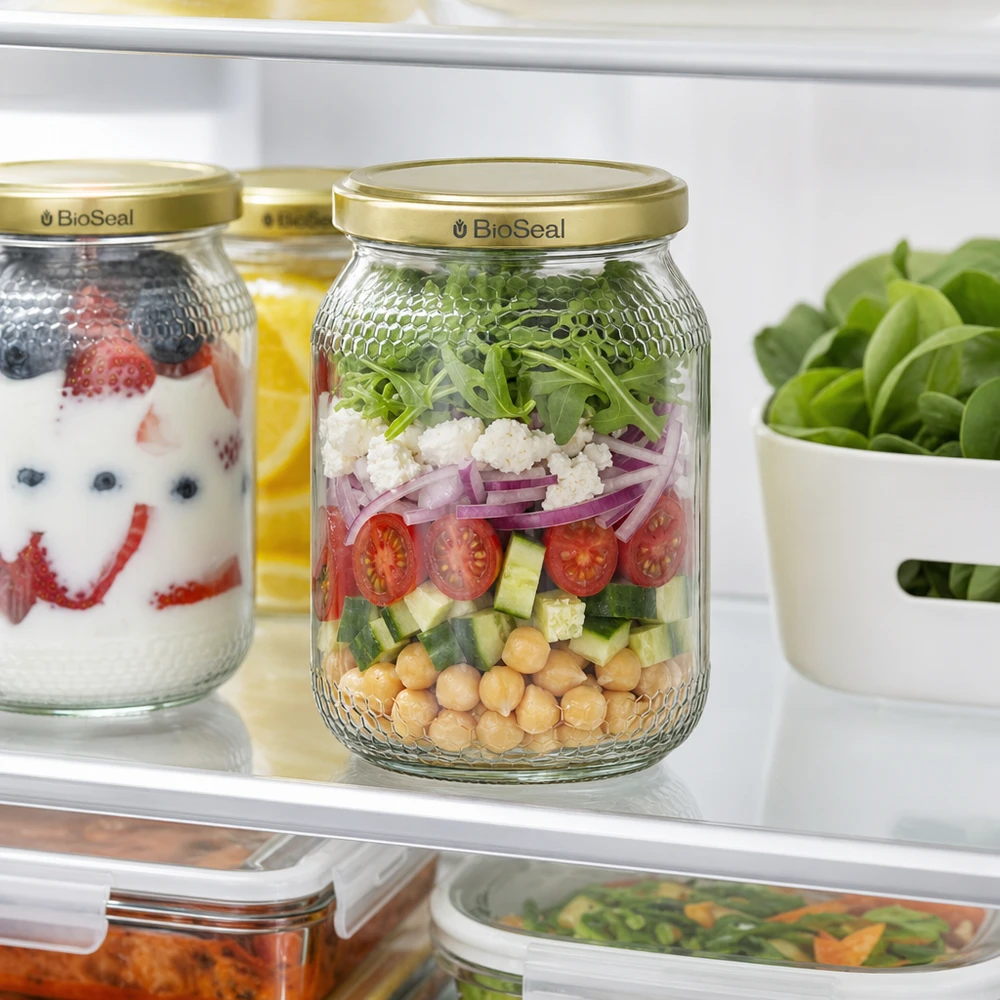 1260 g honningglas med gyldent BioSeal UNiTWIST-låg 900 ml honningkrukke BioSeal låg guld køleskab Meal Prep salat lag krukke kikærter tomater opbevaring